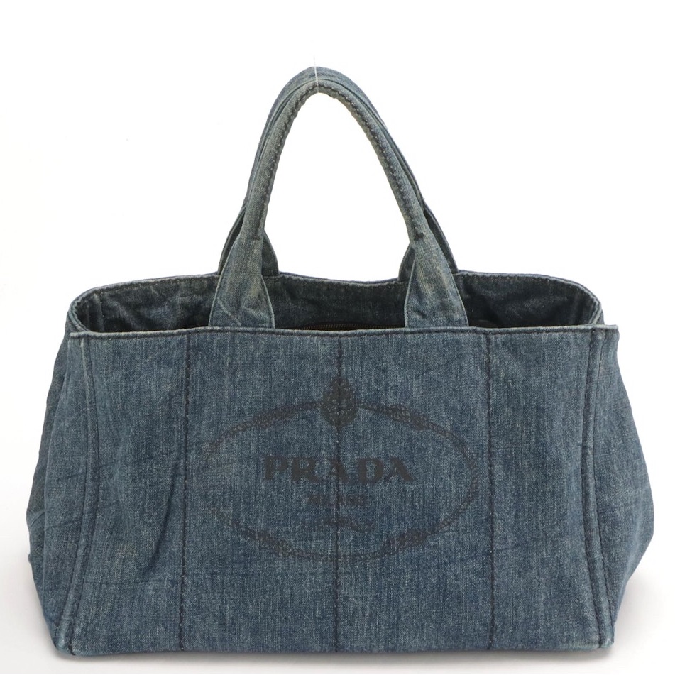 Prada Large Canapa Denim Tote Bag With Gold Toned Hardware